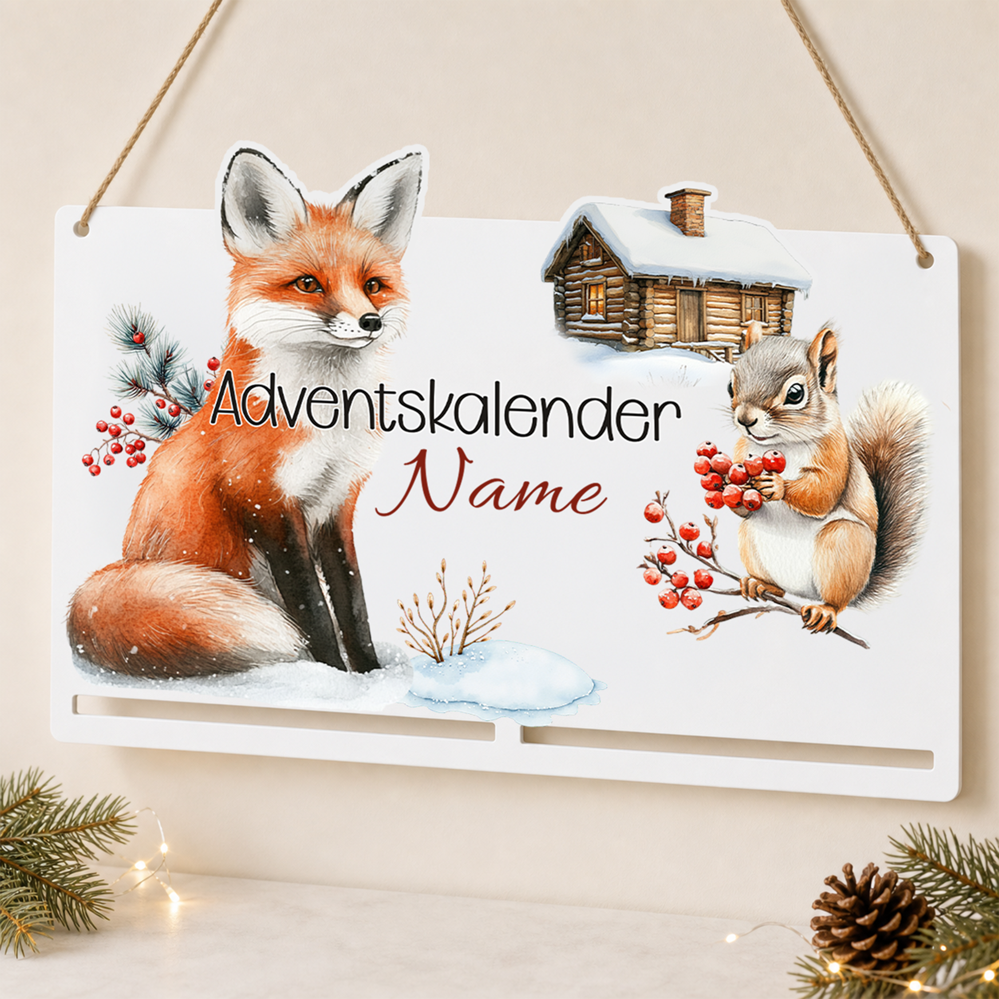 Personalisierte Adventskalender-Motivplatte mit Fuchs, Eichhörnchen und Wunschname