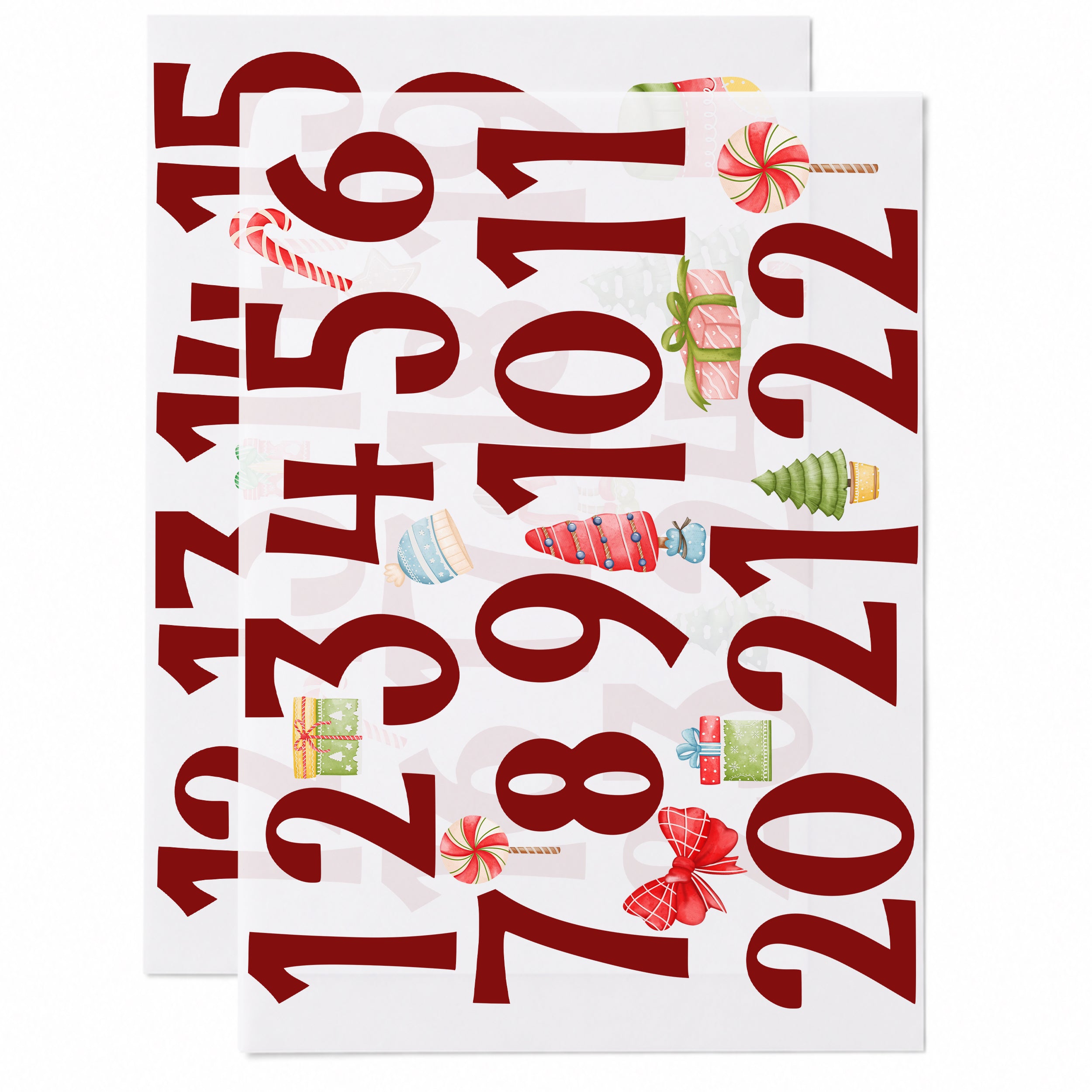 Zwei DIN-A4-Bögen mit roten Adventskalender-Bügelbildern und Zahlen von 1 bis 24.