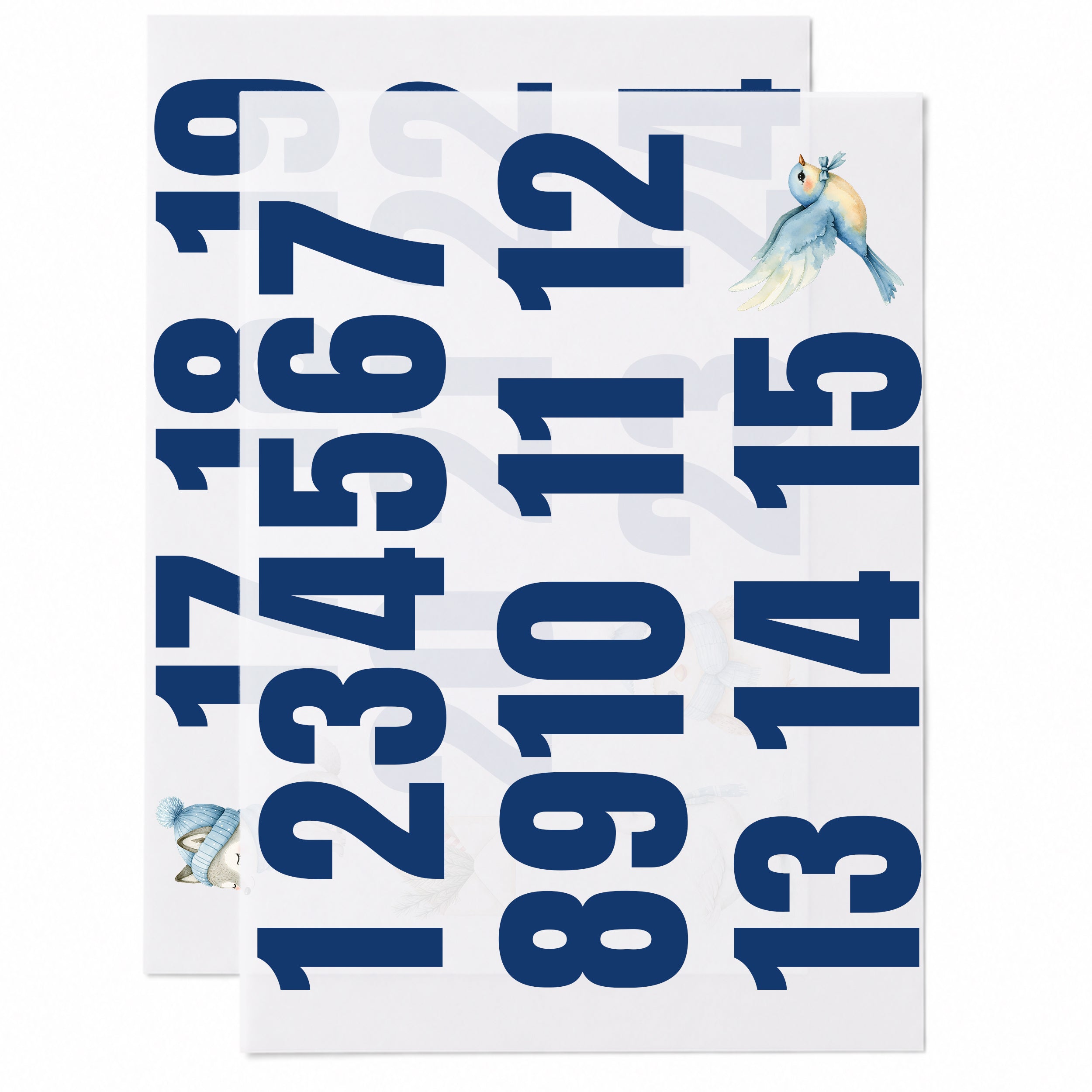 Zwei DIN-A4-Bögen mit dunkelblauen Adventskalender-Bügelbildern und Zahlen von 1 bis 24.