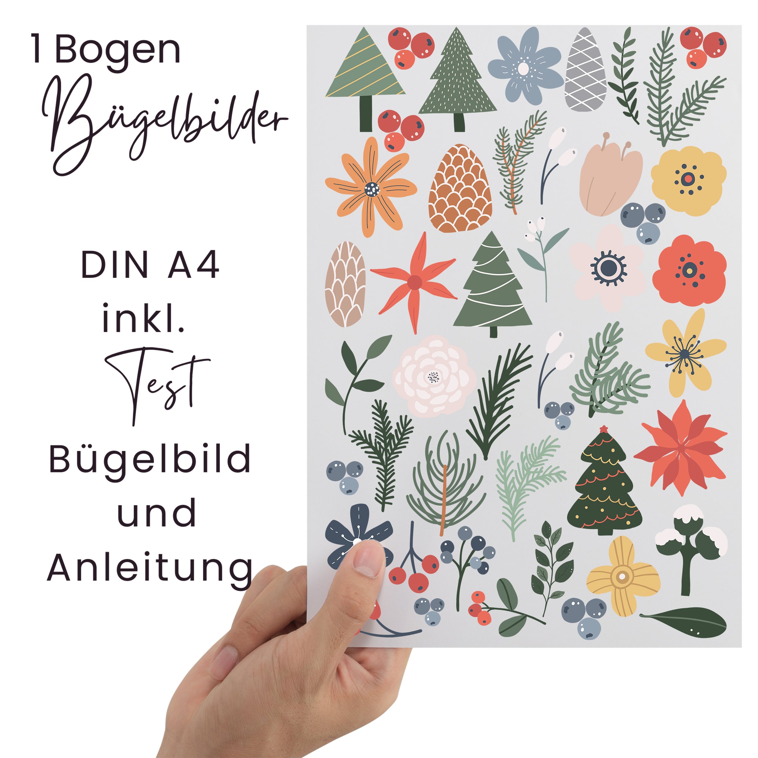 Lieferumfang der Winterblumen-Bügelbilder: DIN-A4-Bogen, Testmotiv und Bügelanleitung