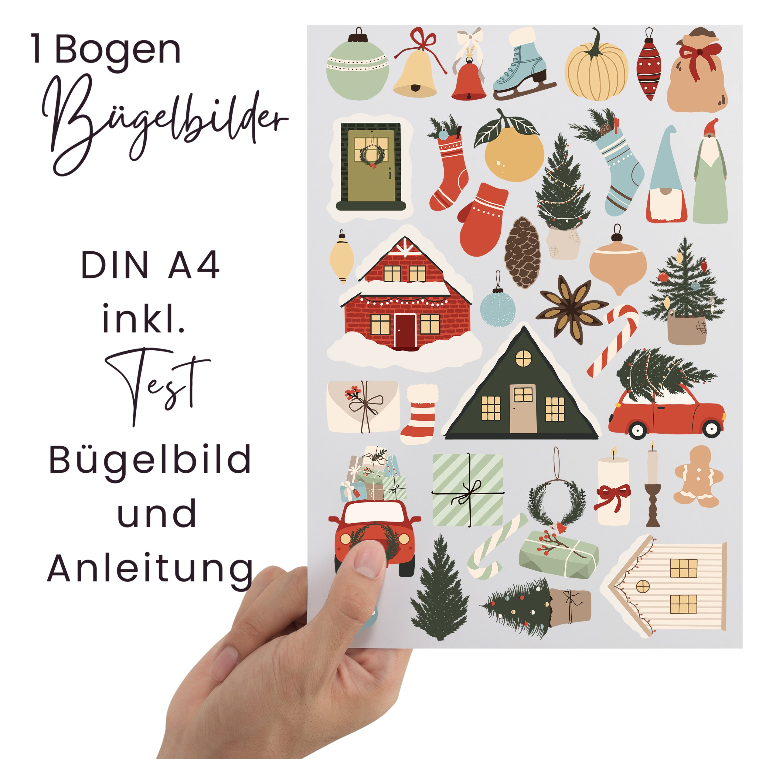 Lieferumfang der Weihnachts-Bügelbilder mit DIN-A4-Bogen, Testmotiv und Bügelanleitung