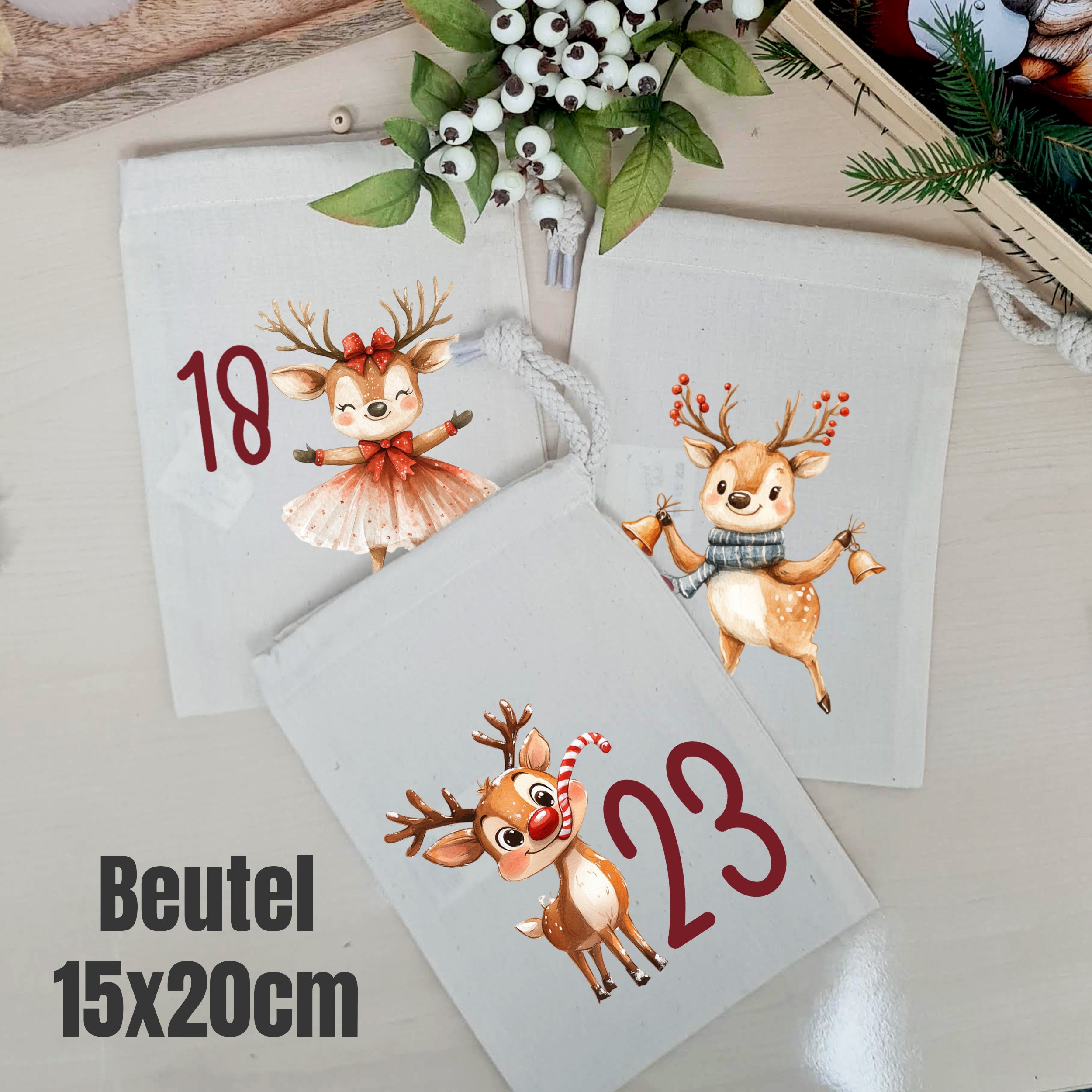 Adventskalenderbeutel in 15 × 20 cm mit nummerierten Weihnachtsrentier-Motiven