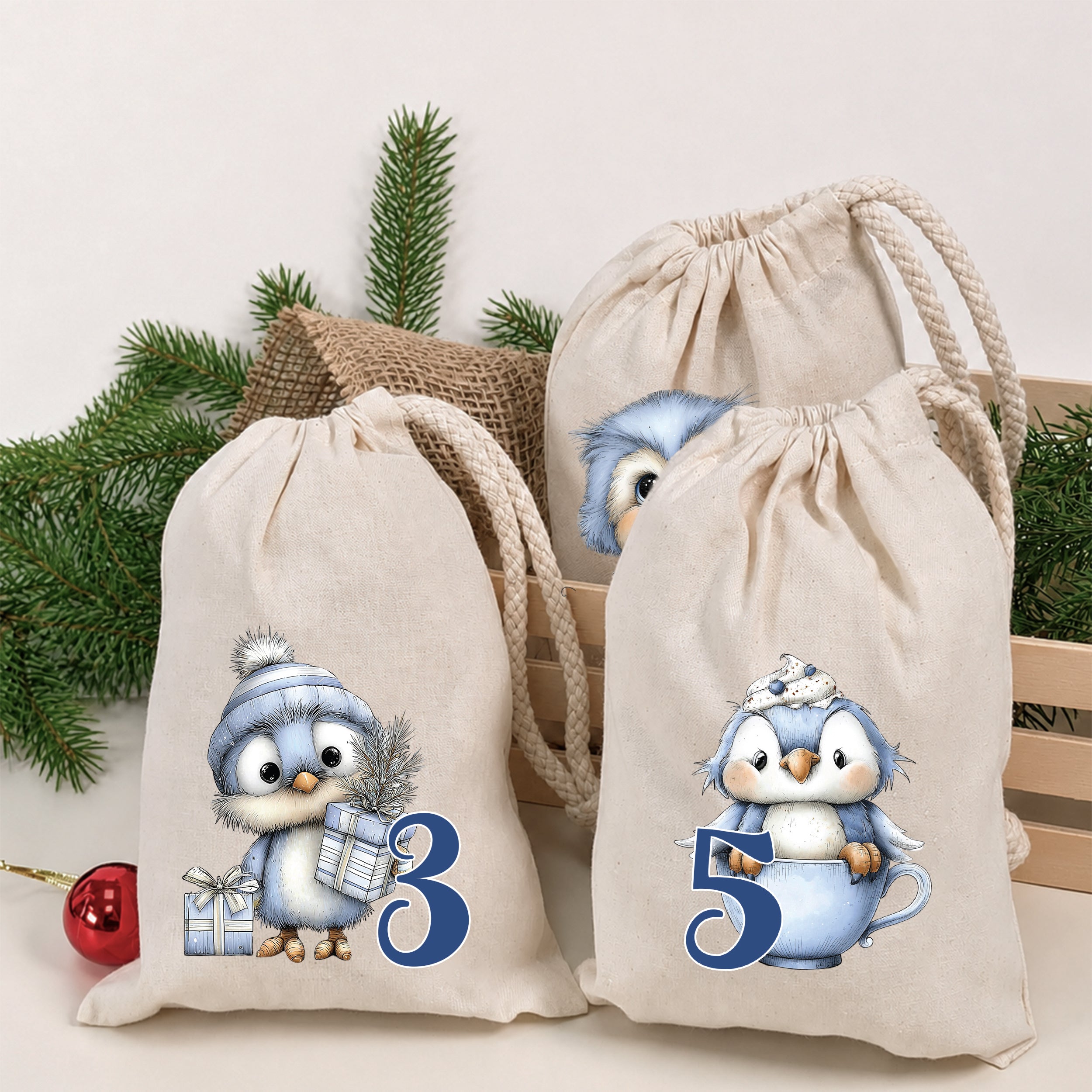 Adventskalender Eulen in Blau mit bedruckten Stoffbeuteln und den Zahlen 3 und 5
