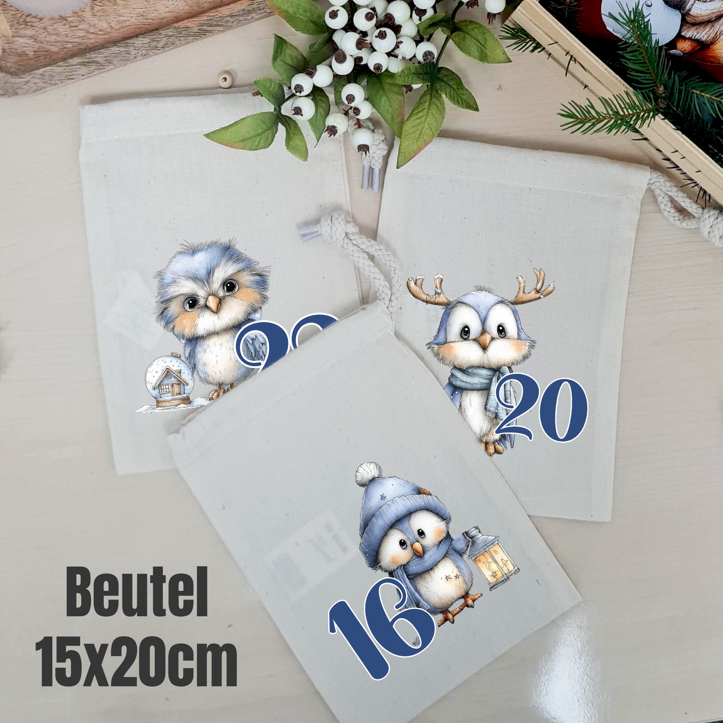 Bedruckte Adventskalender-Beutel 15 × 20 cm mit Wintereulen und Zahlen 16, 20 und 22