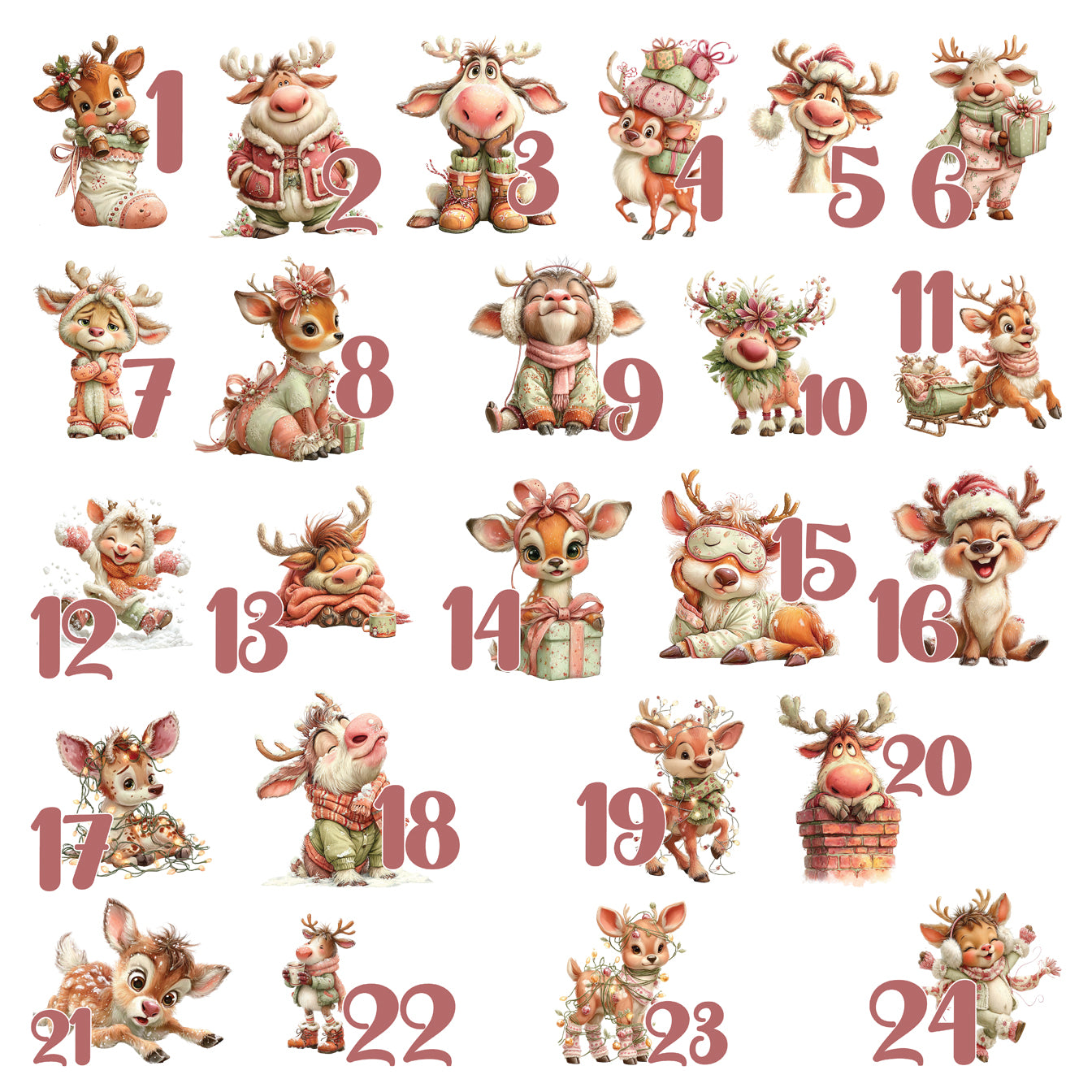24 Bügelbilder mit winterlichen Rentieren und Adventskalender-Zahlen 1 bis 24