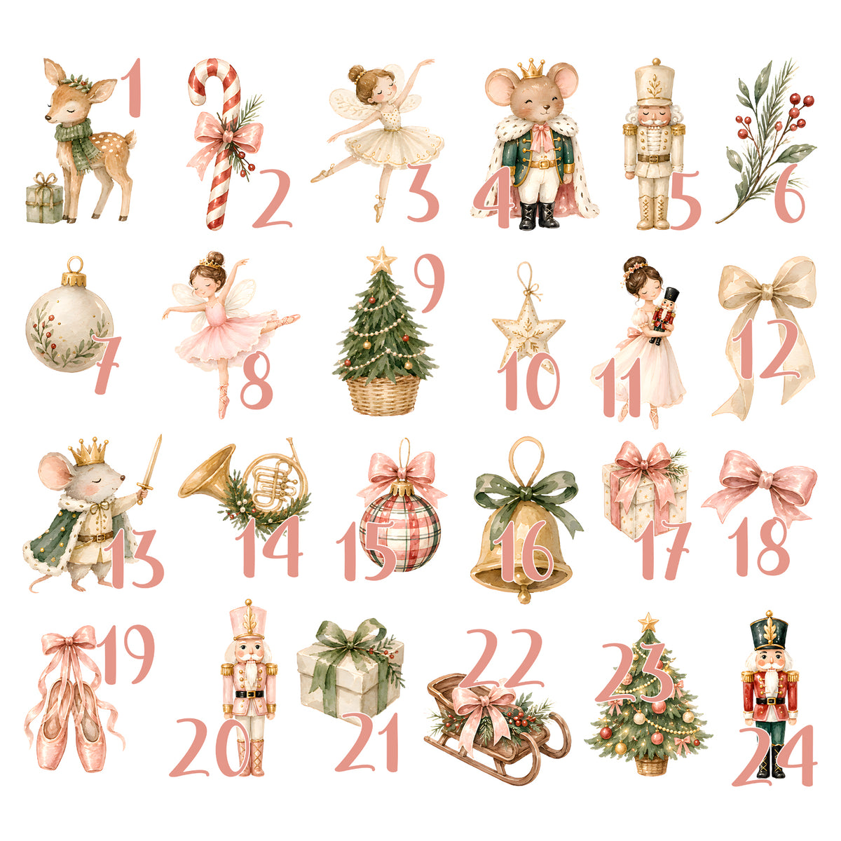 24 Adventskalender-Bügelbilder mit Nussknacker, Ballerinas und Zahlen 1 bis 24