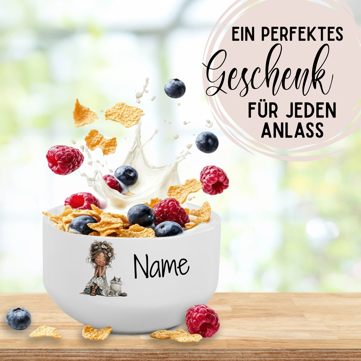 Personalisierte Müslischale mit Mädchen-und-Katze-Motiv als Geschenkidee
