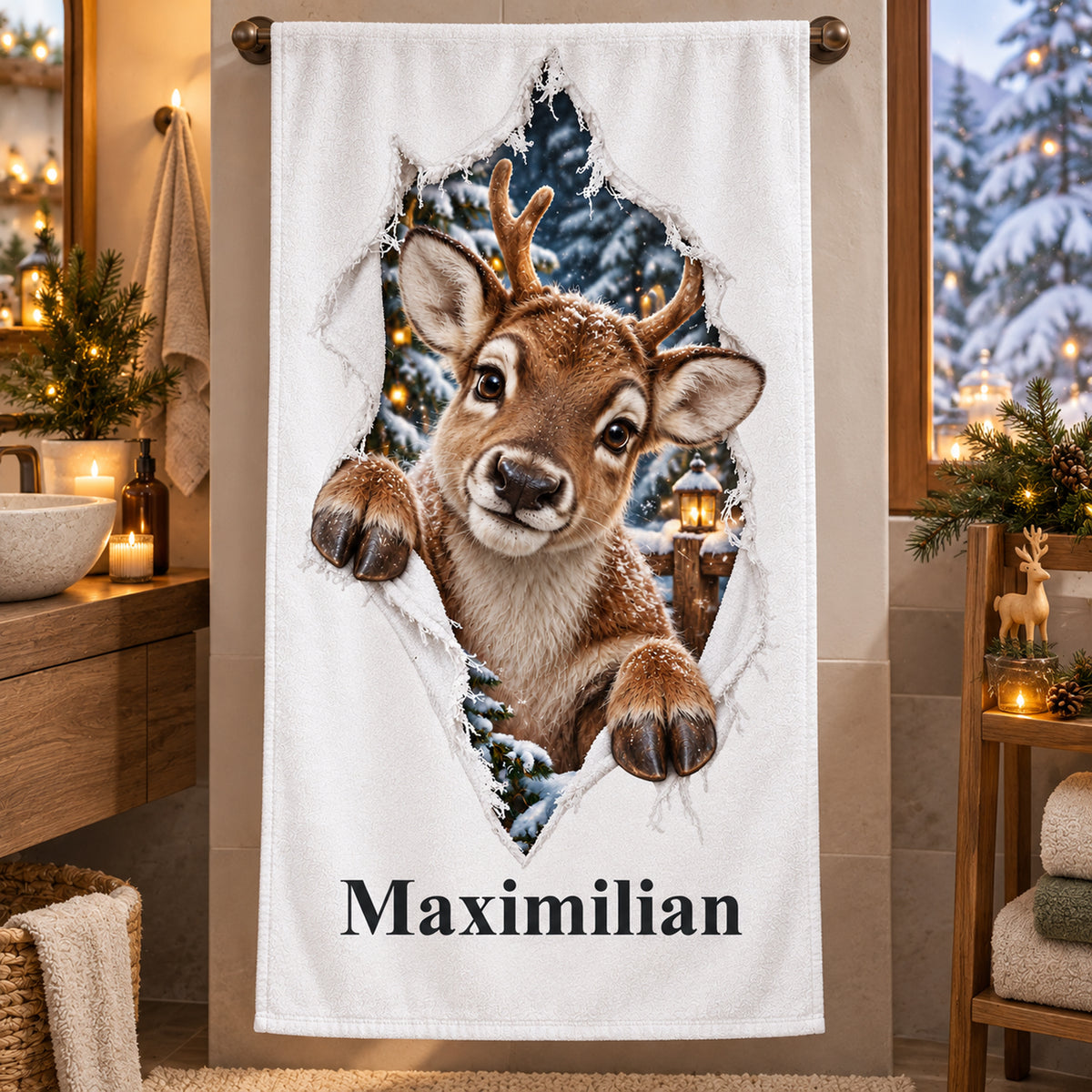 Weißes personalisiertes Handtuch mit Rentierjunges-Motiv im gedruckten Stoffriss-Design in einer thematisch passenden weihnachtlichen Badezimmerumgebung.