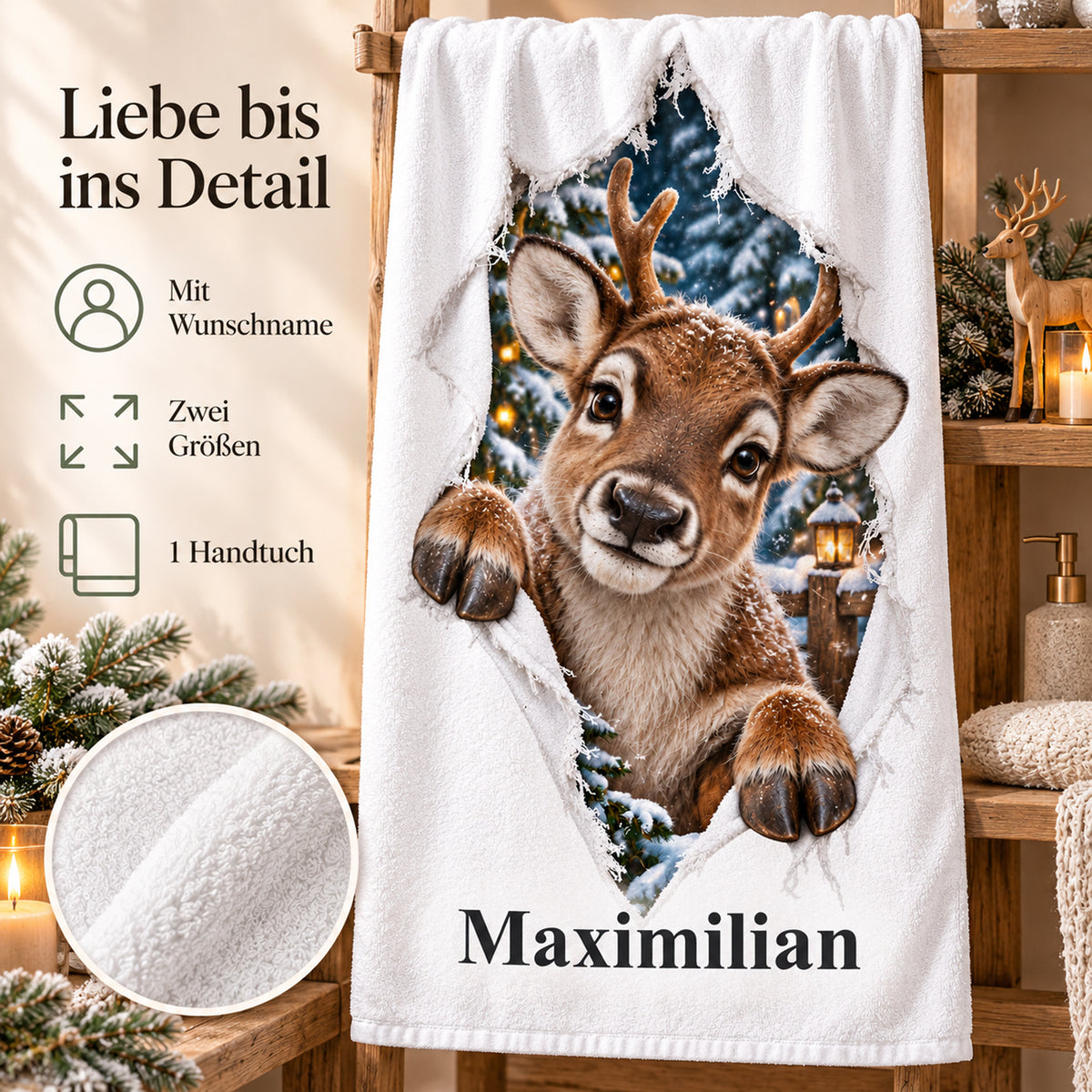 Weißes personalisiertes Handtuch mit Rentierjunges-Motiv im gedruckten Stoffriss-Design mit einem Materialdetail und Hinweisen zu Wunschname, Größenwahl und Lieferumfang.