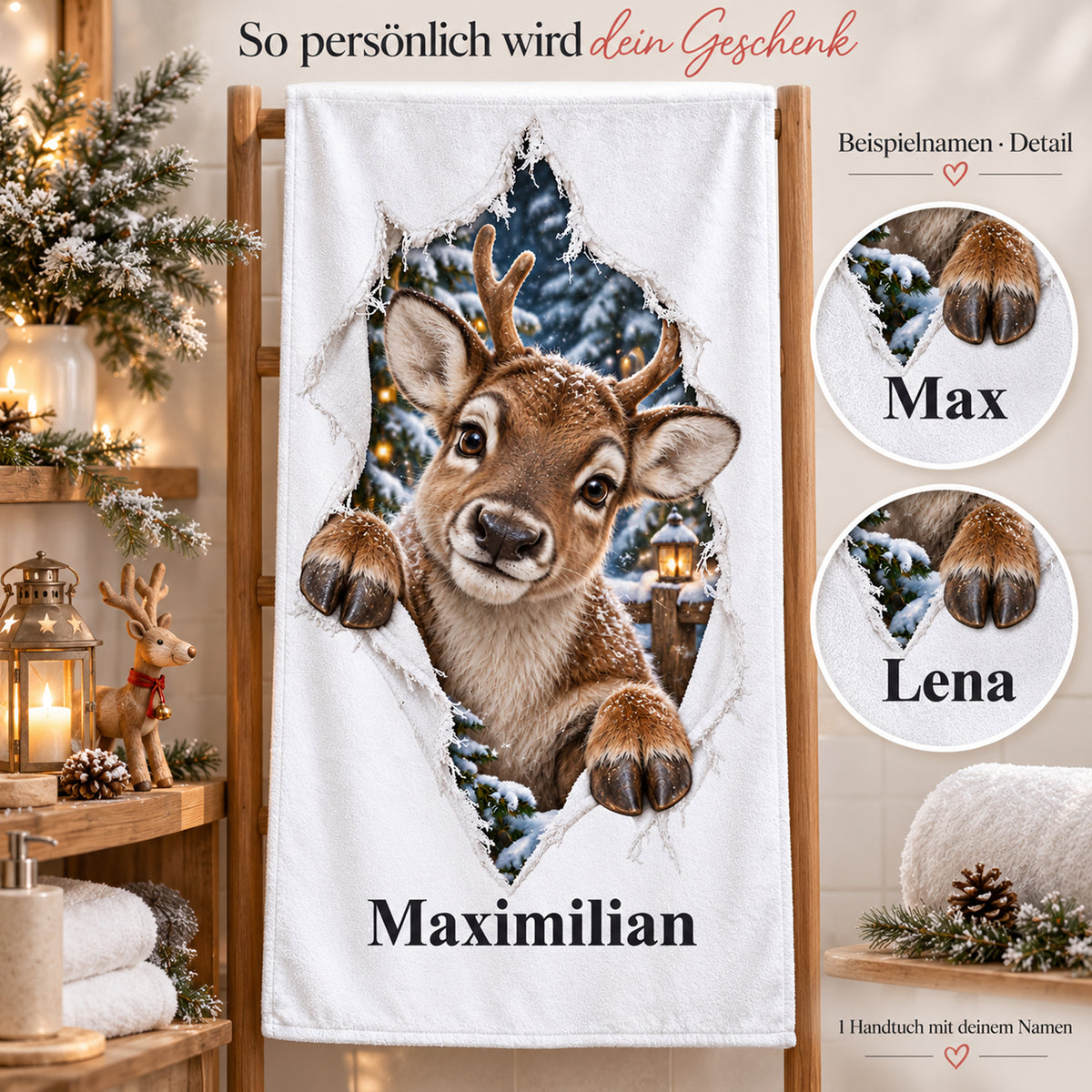 Weißes personalisiertes Handtuch mit Rentierjunges-Motiv im Stoffriss-Design und beschrifteten Namensbeispielen als Detailansichten.