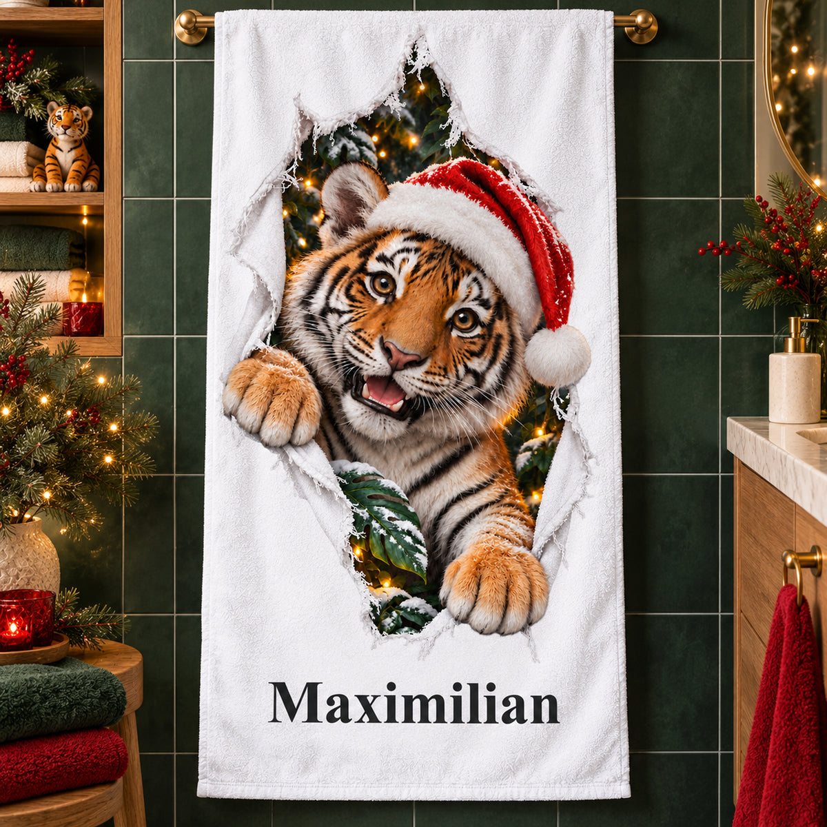 Weißes personalisiertes Handtuch mit Weihnachtstiger-Motiv im gedruckten Stoffriss-Design in einer thematisch passenden weihnachtlichen Badezimmerumgebung.