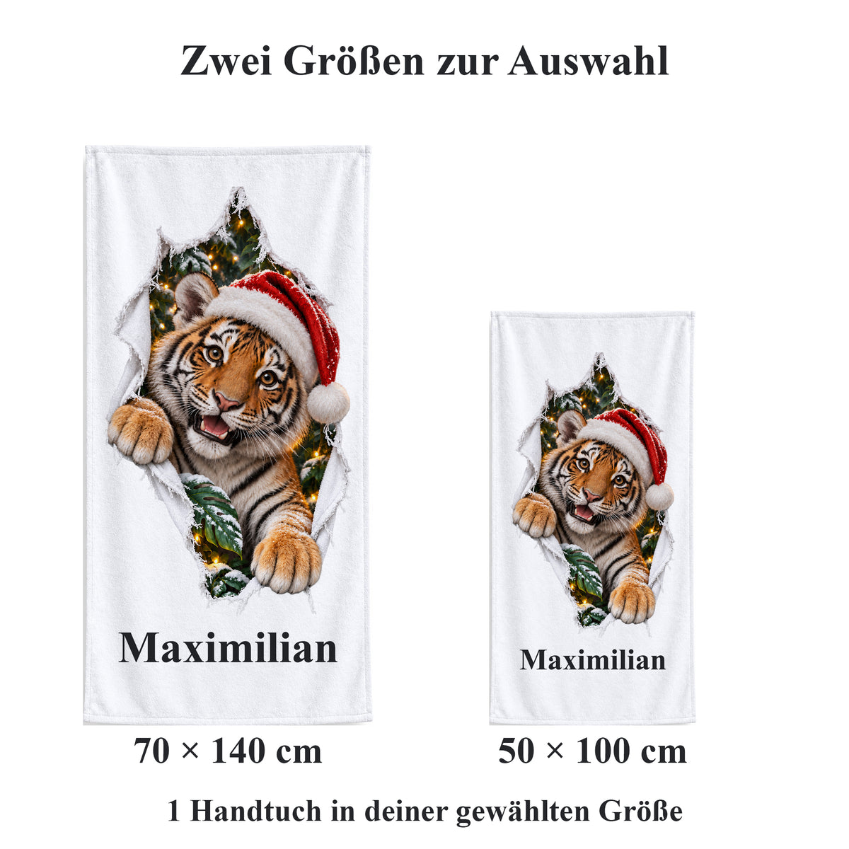 Weißes personalisiertes Handtuch mit Weihnachtstiger-Motiv im gedruckten Stoffriss-Design im maßstäblichen Vergleich der zwei wählbaren Größen.