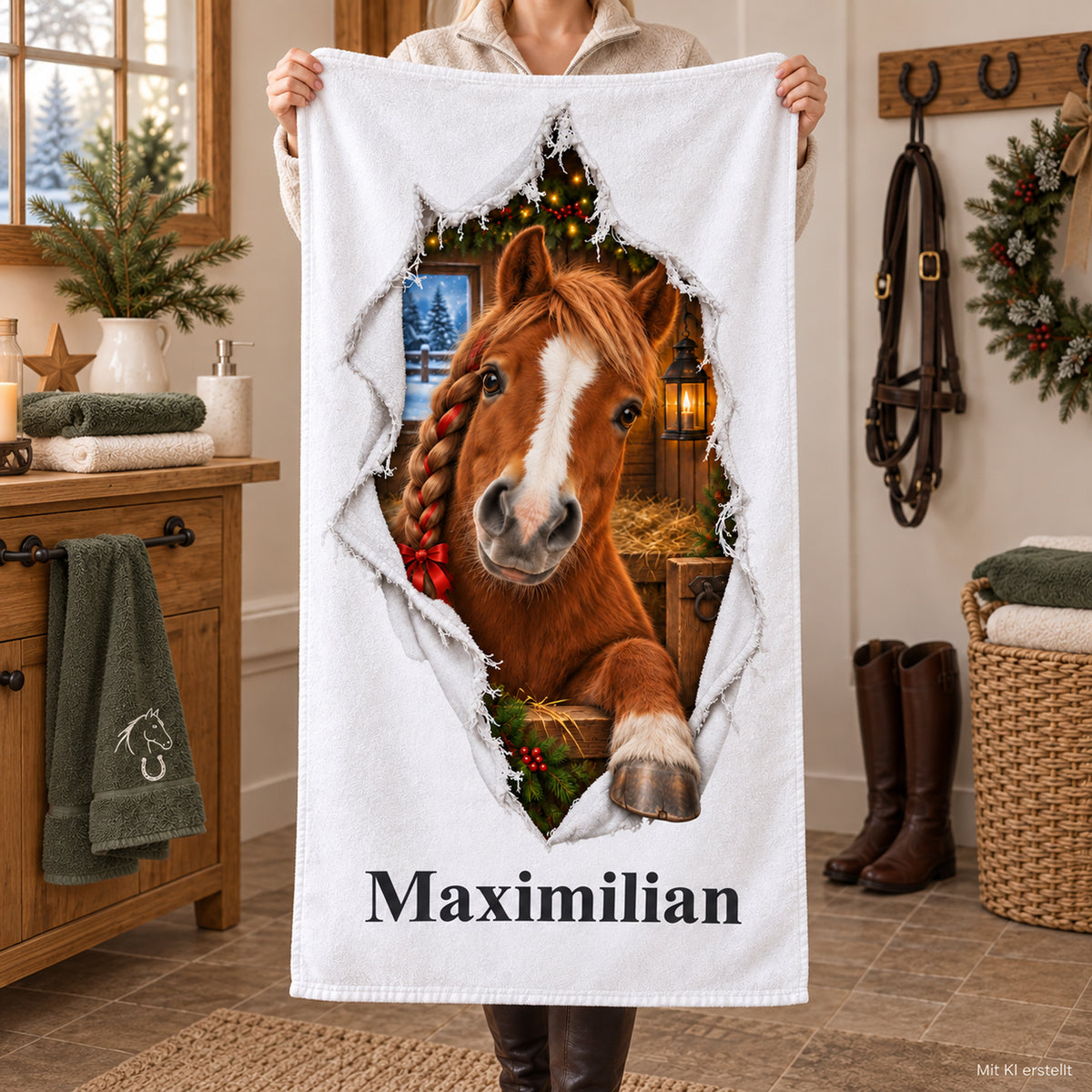 Weißes personalisiertes Handtuch mit Weihnachtspony-Motiv im gedruckten Stoffriss-Design in einer Nutzungsszene mit erwachsenen Händen.