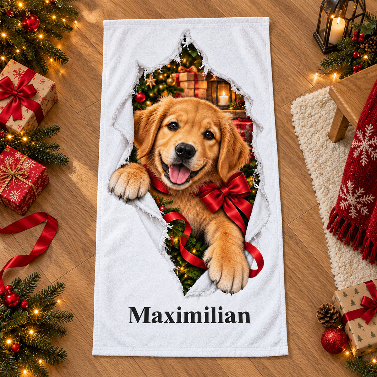 Weißes personalisiertes Handtuch mit Weihnachtswelpe-Motiv im gedruckten Stoffriss-Design in einer weihnachtlichen Geschenkszene.