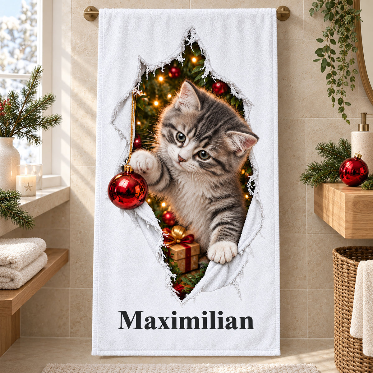 Weißes personalisiertes Handtuch mit Weihnachtskätzchen-Motiv im gedruckten Stoffriss-Design in einer thematisch passenden weihnachtlichen Badezimmerumgebung.
