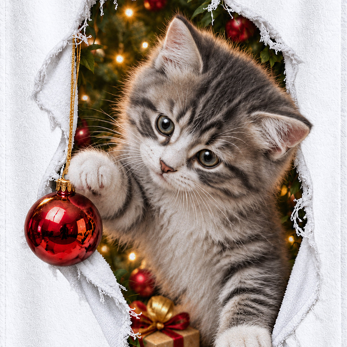 Weißes personalisiertes Handtuch mit Weihnachtskätzchen-Motiv im gedruckten Stoffriss-Design als Nahaufnahme des gedruckten Motivs auf weißem Stoff.