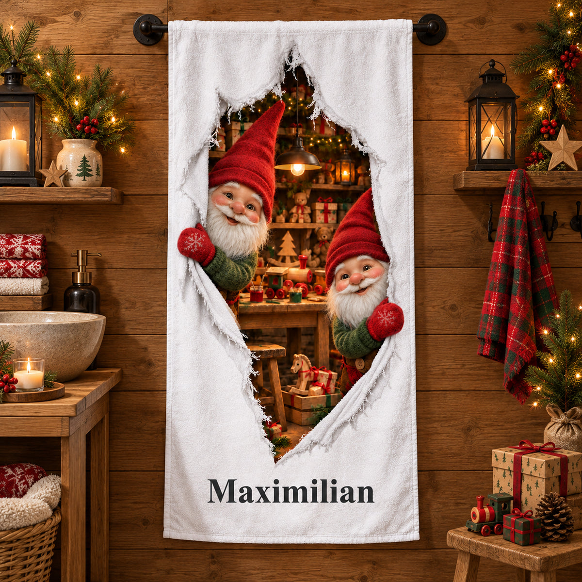Weißes personalisiertes Handtuch mit Wichtelwerkstatt-Motiv im gedruckten Stoffriss-Design in einer thematisch passenden weihnachtlichen Badezimmerumgebung.