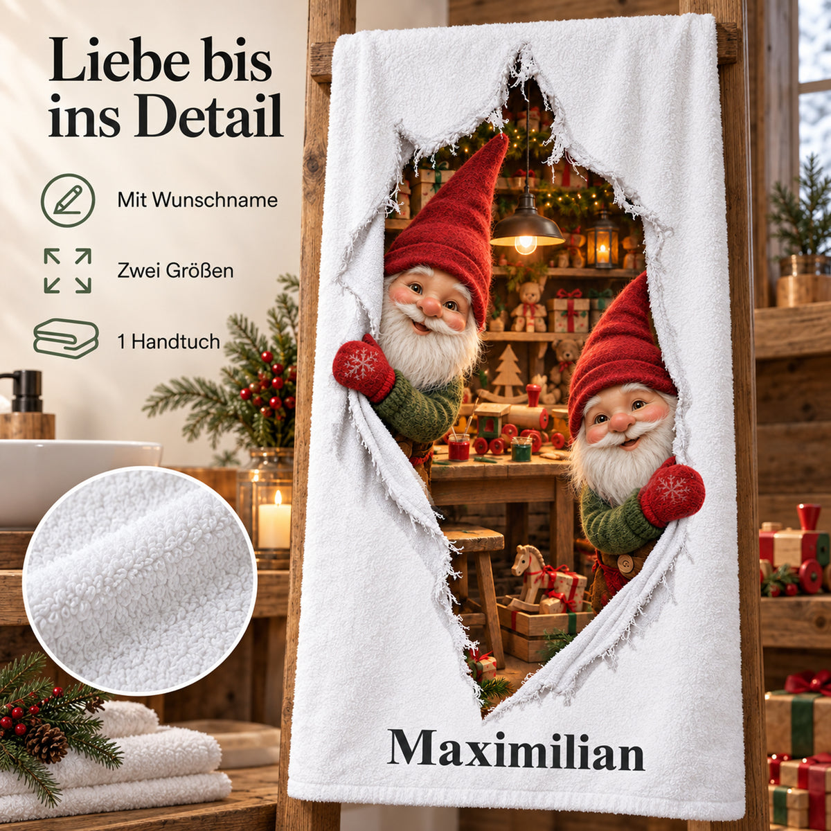 Weißes personalisiertes Handtuch mit Wichtelwerkstatt-Motiv im gedruckten Stoffriss-Design mit einem Materialdetail und Hinweisen zu Wunschname, Größenwahl und Lieferumfang.