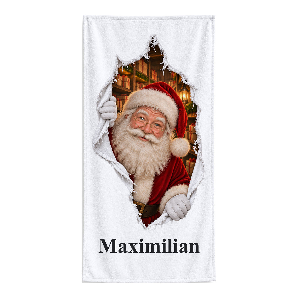 Weißes personalisiertes Handtuch mit Weihnachtsmann-Motiv im gedruckten Stoffriss-Design freigestellt vor weißem Hintergrund.