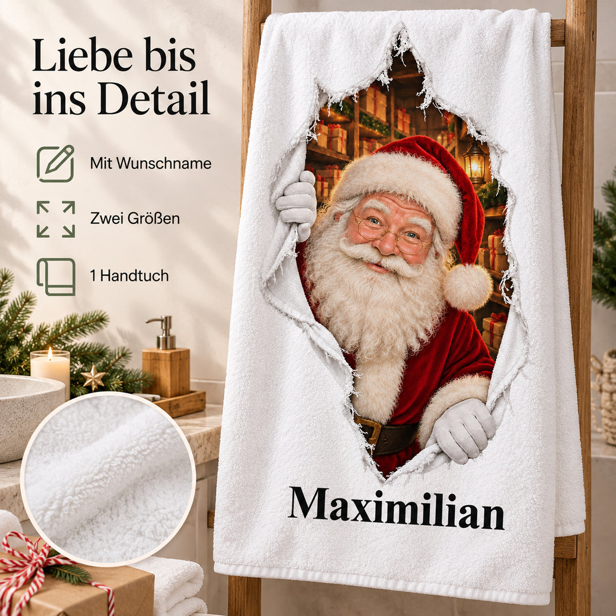 Weißes personalisiertes Handtuch mit Weihnachtsmann-Motiv im gedruckten Stoffriss-Design mit einem Materialdetail und Hinweisen zu Wunschname, Größenwahl und Lieferumfang.