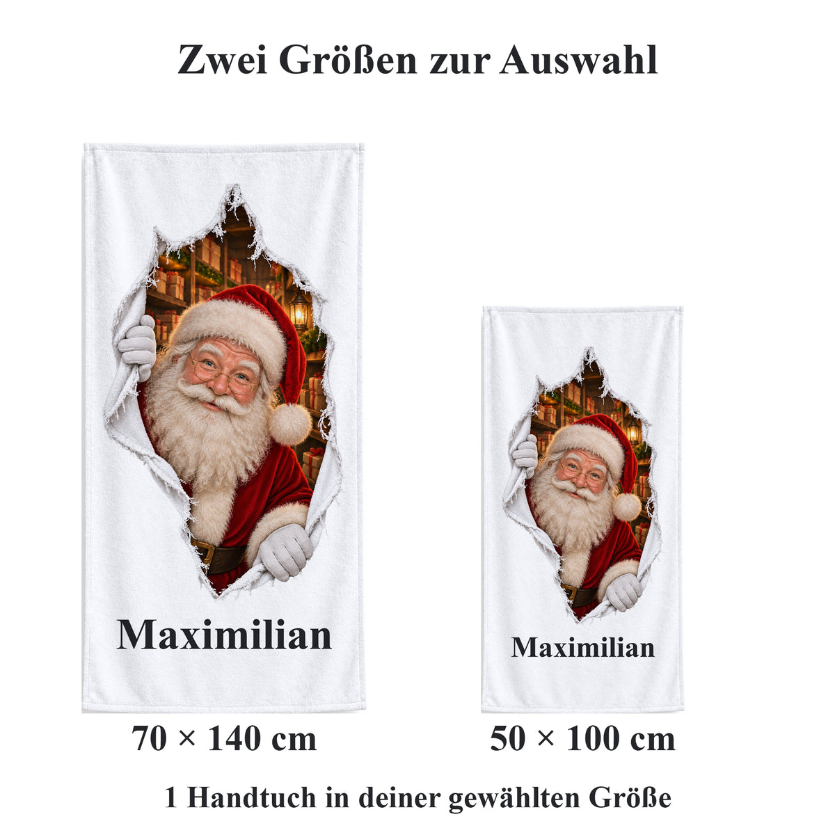 Weißes personalisiertes Handtuch mit Weihnachtsmann-Motiv im gedruckten Stoffriss-Design im maßstäblichen Vergleich der zwei wählbaren Größen.
