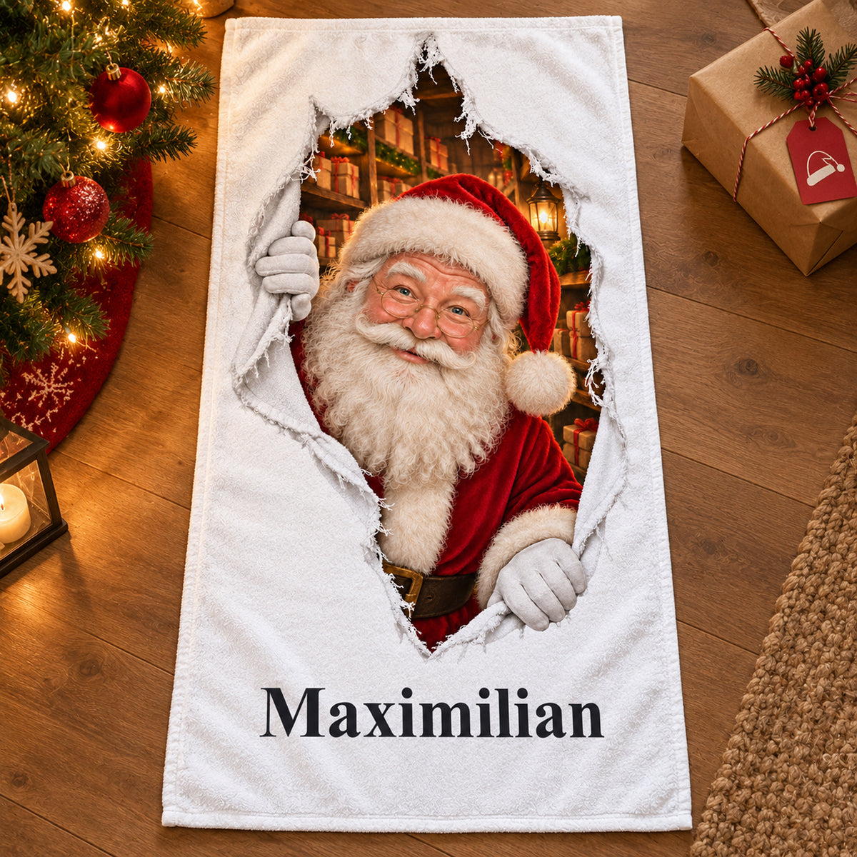 Weißes personalisiertes Handtuch mit Weihnachtsmann-Motiv im gedruckten Stoffriss-Design in einer weihnachtlichen Geschenkszene.