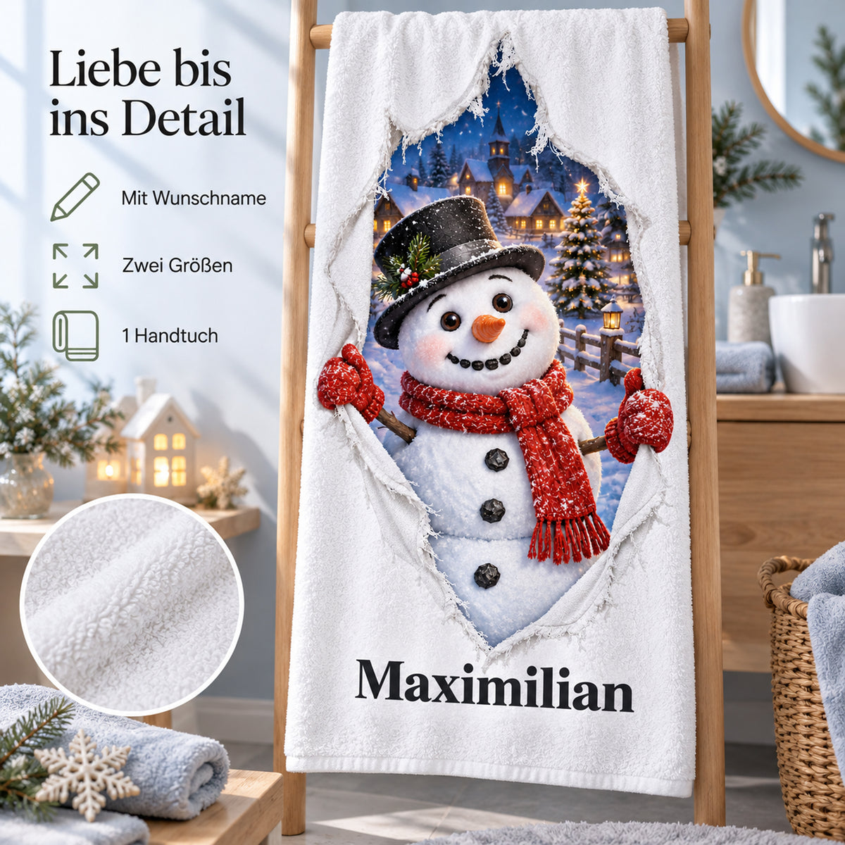 Weißes personalisiertes Handtuch mit Schneemann-Motiv im gedruckten Stoffriss-Design mit einem Materialdetail und Hinweisen zu Wunschname, Größenwahl und Lieferumfang.