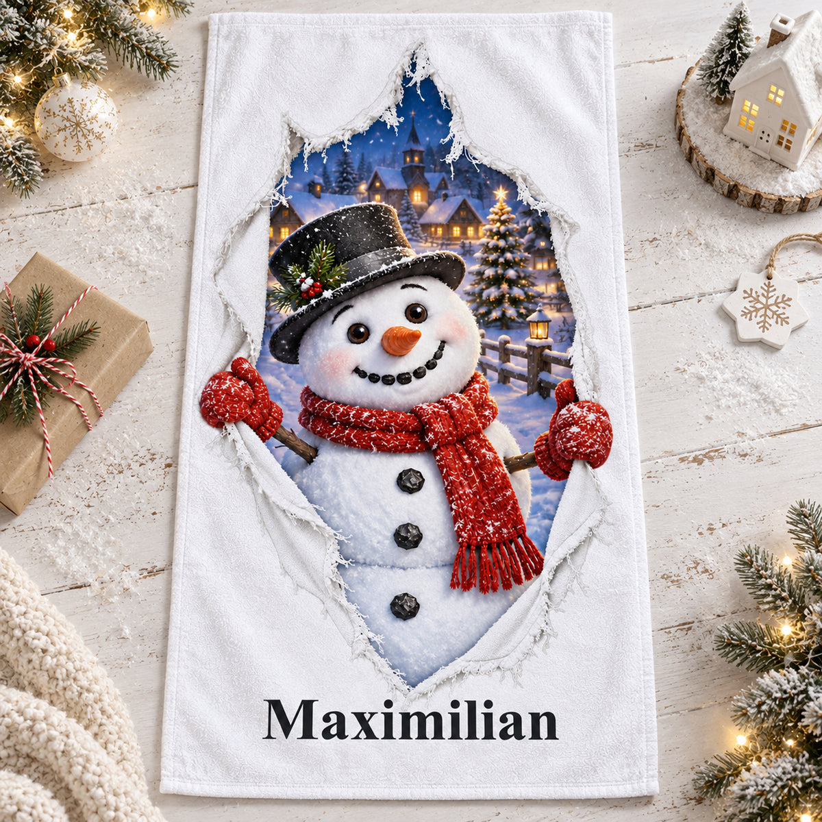 Weißes personalisiertes Handtuch mit Schneemann-Motiv im gedruckten Stoffriss-Design in einer weihnachtlichen Geschenkszene.