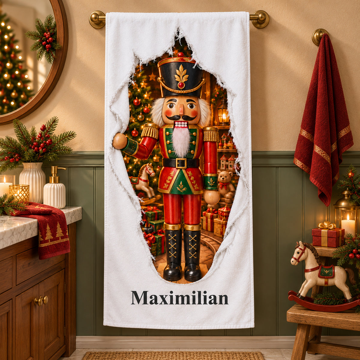 Weißes personalisiertes Handtuch mit Nussknacker-Spielzeugwelt-Motiv im gedruckten Stoffriss-Design in einer thematisch passenden weihnachtlichen Badezimmerumgebung.
