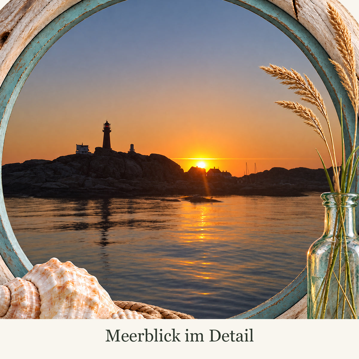 Nahaufnahme des gedruckten Bullaugenrahmens und des Meerblicks mit Leuchtturm im Sonnenuntergang.