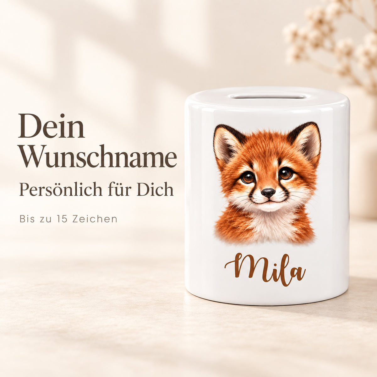 Spardose Fuchs mit Beispielname Mila: Personalisierung