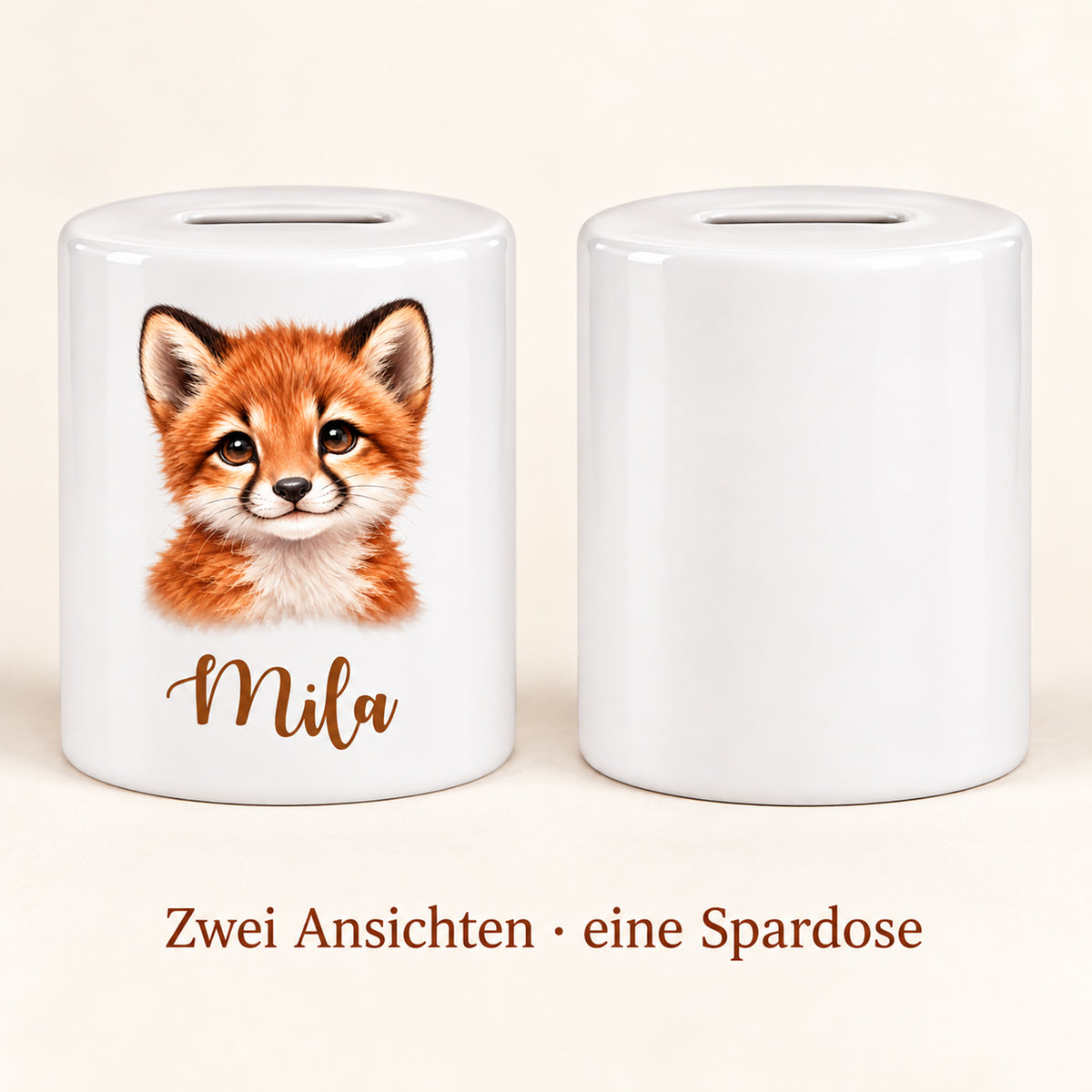 Spardose Fuchs mit Beispielname Mila: Zwei Ansichten