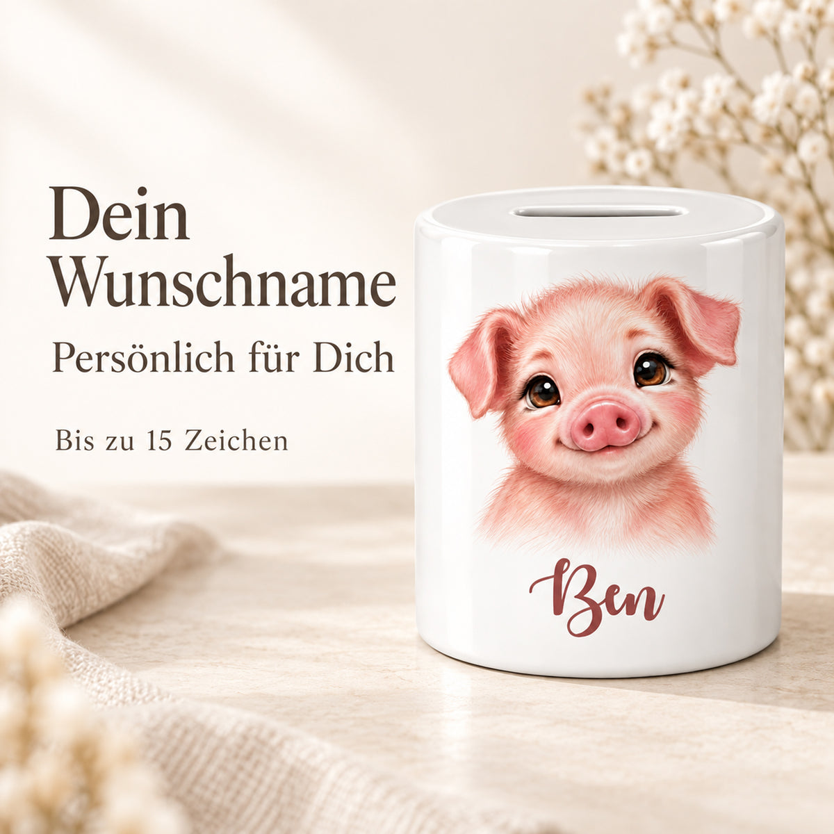 Spardose Schwein mit Beispielname Ben: Personalisierung