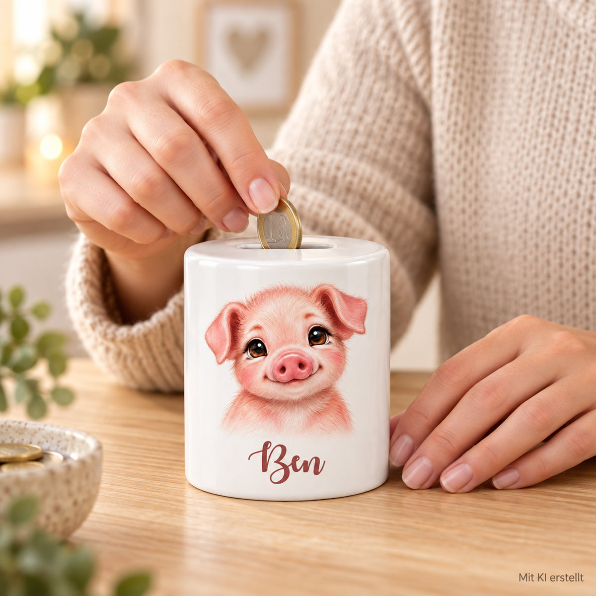 Spardose Schwein mit Beispielname Ben: Beim Sparen; erwachsene Person wirft eine Münze ein, mit KI erstellt