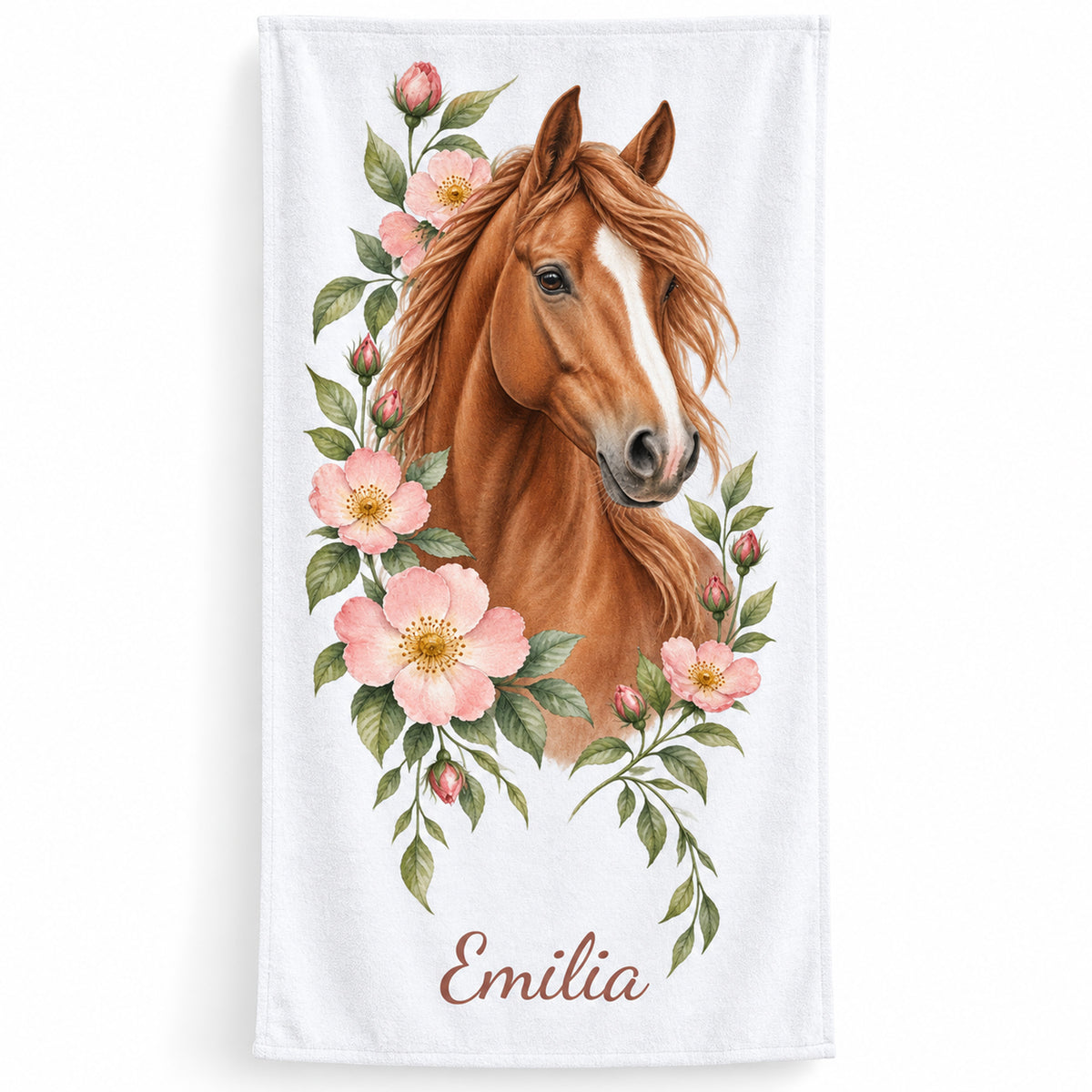 Personalisiertes weißes Handtuch mit Rosenpferd und Beispielname Emilia