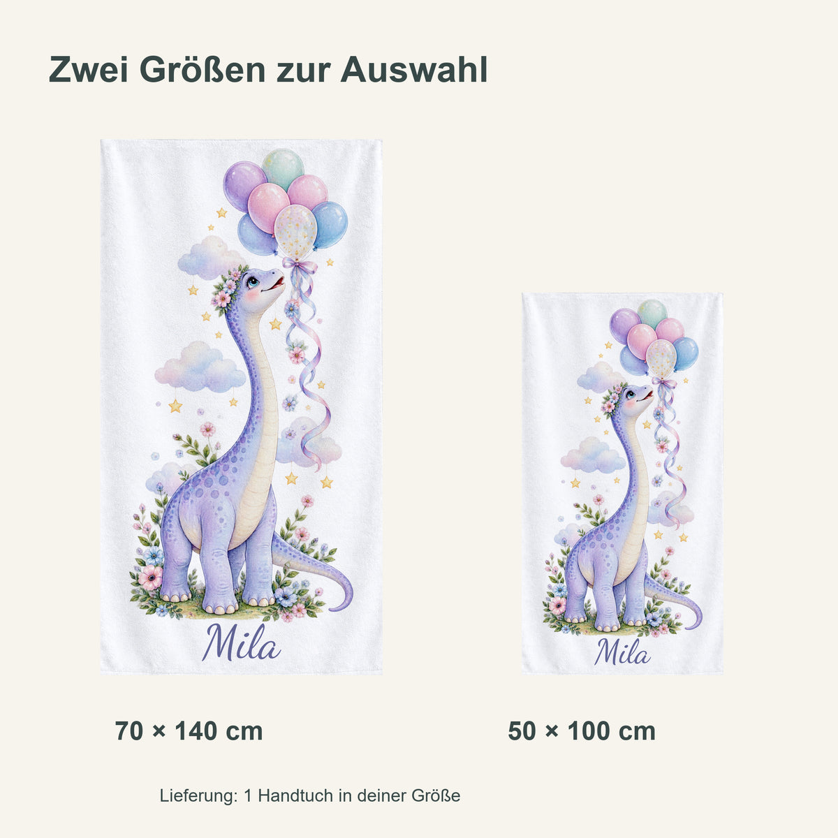 Personalisiertes Dinosaurier-Handtuch Langhals mit Ballons – groessenvergleich