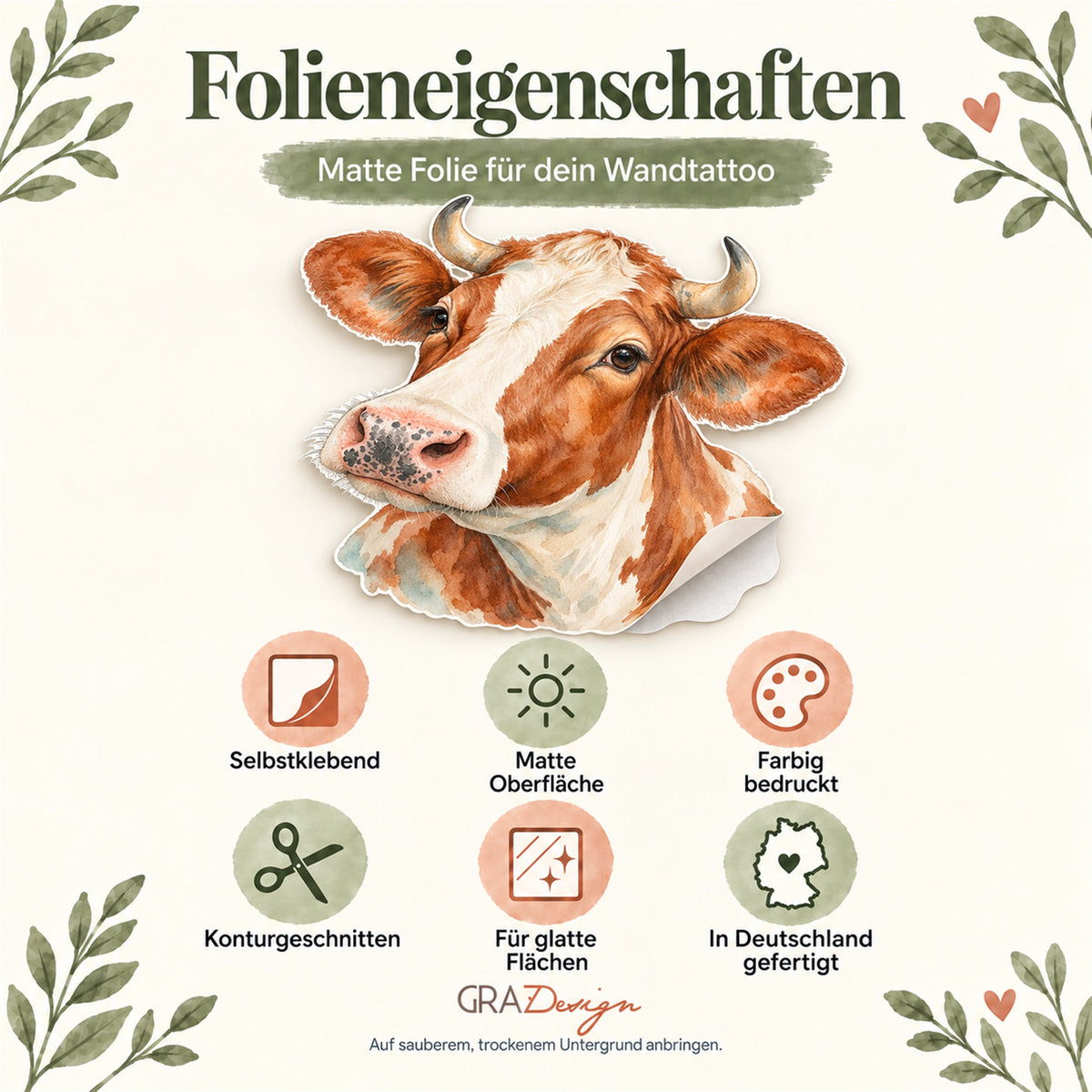 Folieneigenschaften: selbstklebend, matt, farbig bedruckt, konturgeschnitten, für glatte Flächen, in Deutschland gefertigt
