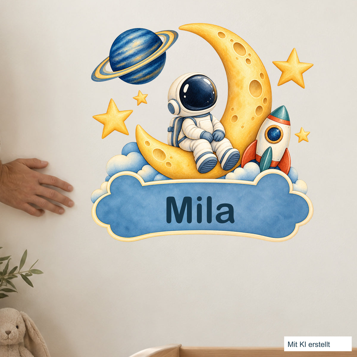 Personalisiertes Wandtattoo Weltall Mondmission – Wohnszene mit Person
