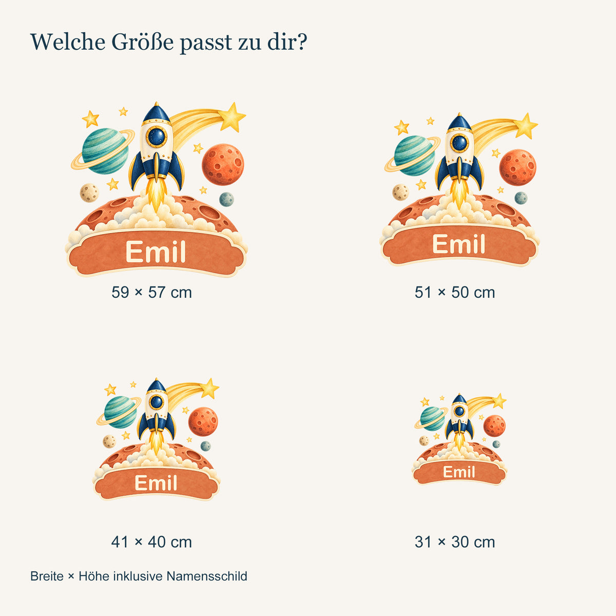 Personalisiertes Wandtattoo Weltall Sternenabenteuer – Vergleich der vier Größen