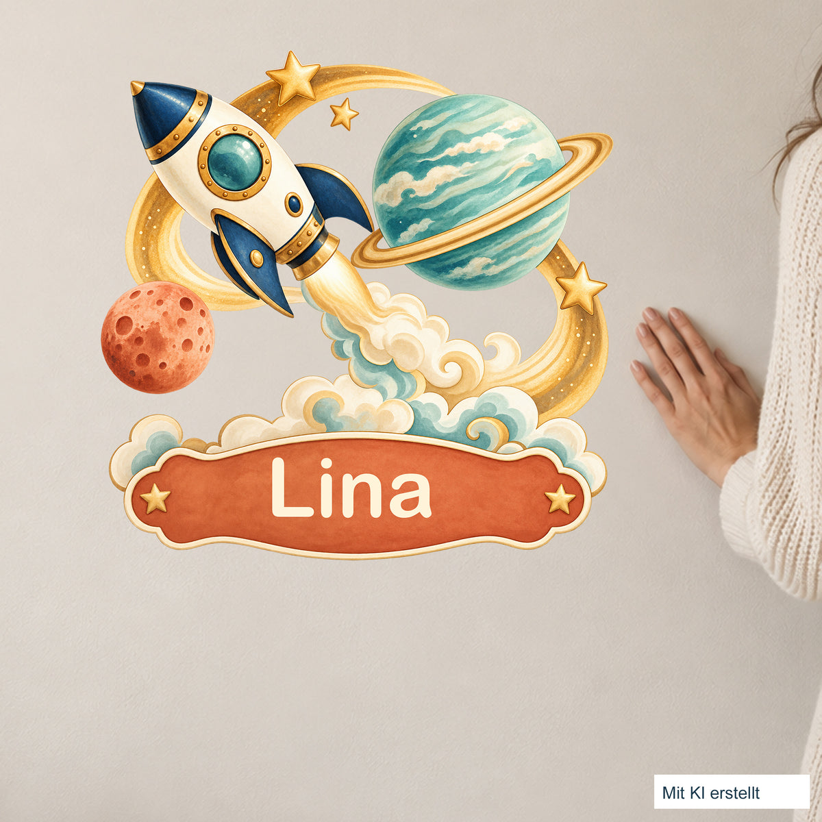 Personalisiertes Wandtattoo Weltall Kometenflug – Wohnszene mit Person
