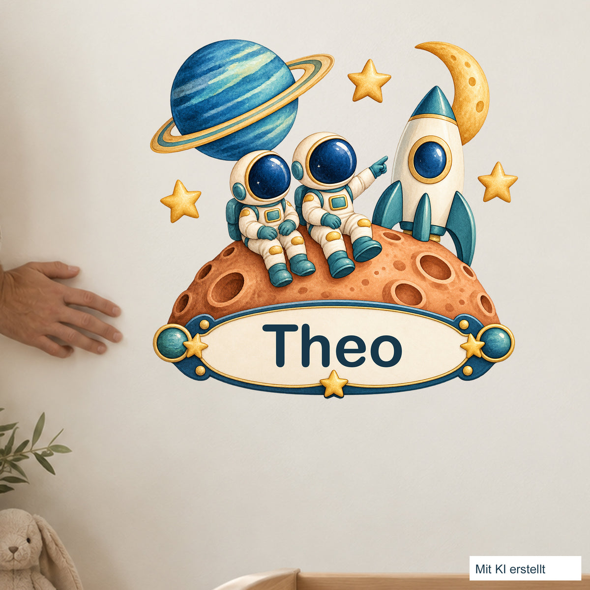 Personalisiertes Wandtattoo Weltall Astronautenfreunde – Wohnszene mit Person