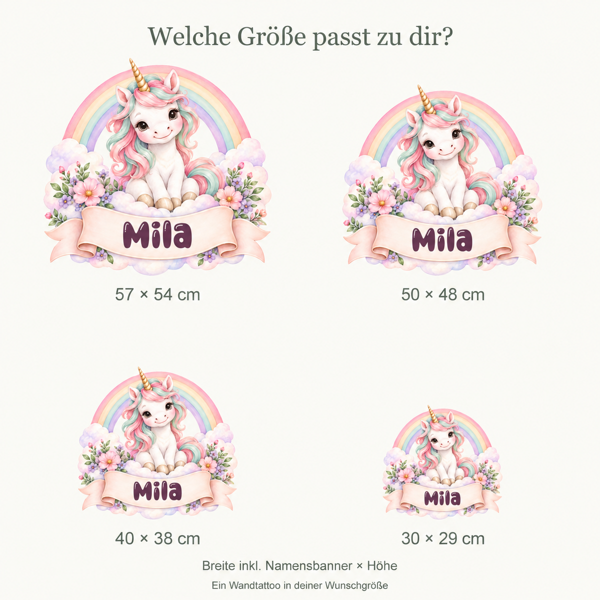 Personalisiertes Einhorn-Wandtattoo Regenbogenzauber mit Beispielname Mila: vier Größen im proportionalen Vergleich.