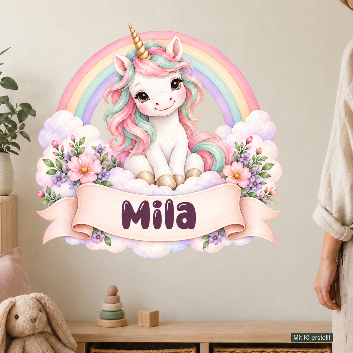 Personalisiertes Einhorn-Wandtattoo Regenbogenzauber mit Beispielname Mila: Wohnszene mit Person, mit KI erstellt.