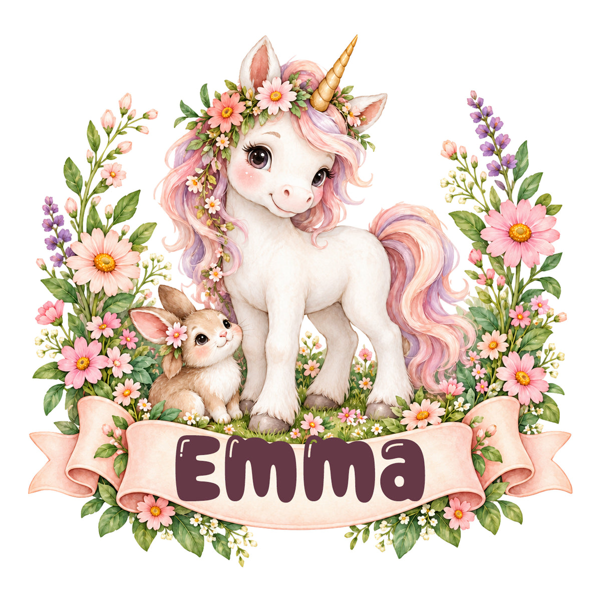 Personalisiertes Einhorn-Wandtattoo Blumenwiese mit Beispielname Emma: vollständiges Motiv auf hellem Hintergrund.