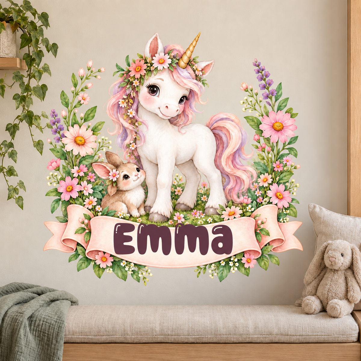 Personalisiertes Einhorn-Wandtattoo Blumenwiese mit Beispielname Emma: Wandtattoo auf freier Wandfläche im Kinderzimmer.