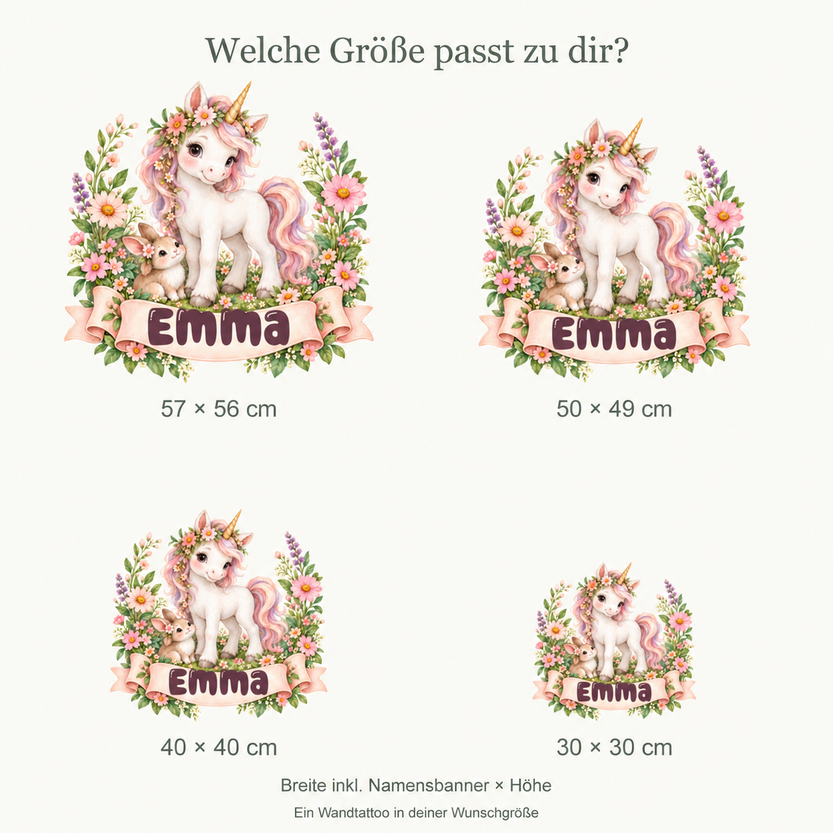 Personalisiertes Einhorn-Wandtattoo Blumenwiese mit Beispielname Emma: vier Größen im proportionalen Vergleich.