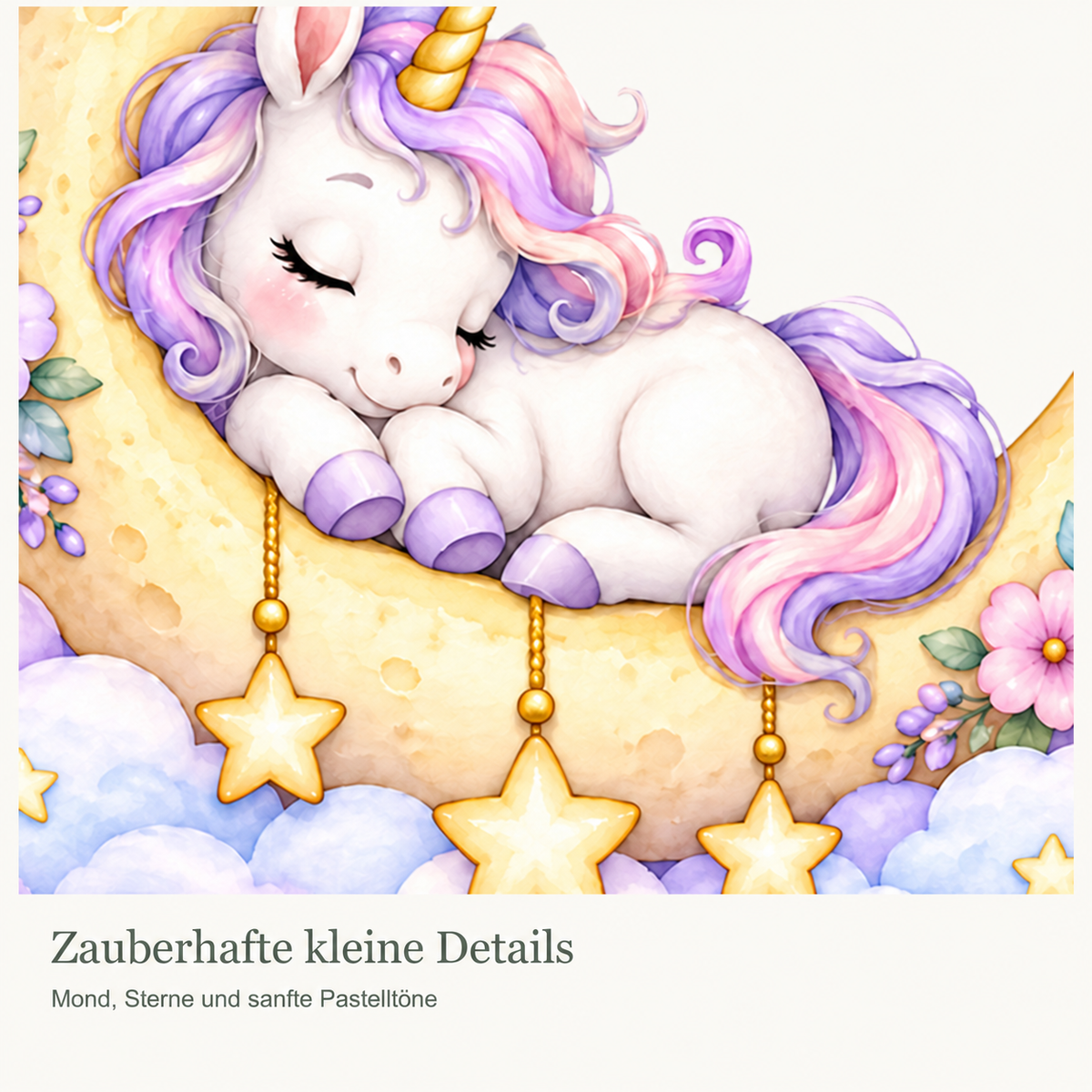 Personalisiertes Einhorn-Wandtattoo Mondträumchen mit Beispielname Luna: Nahaufnahme der Einhornillustration.
