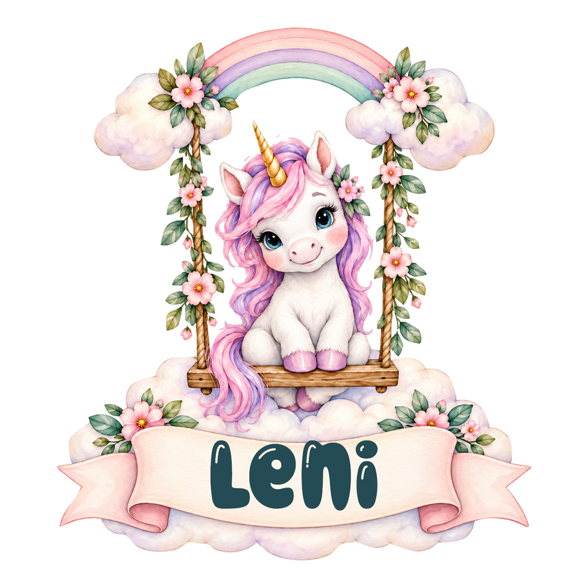 Personalisiertes Einhorn-Wandtattoo Wolkenschaukel mit Beispielname Leni: vollständiges Motiv auf hellem Hintergrund.