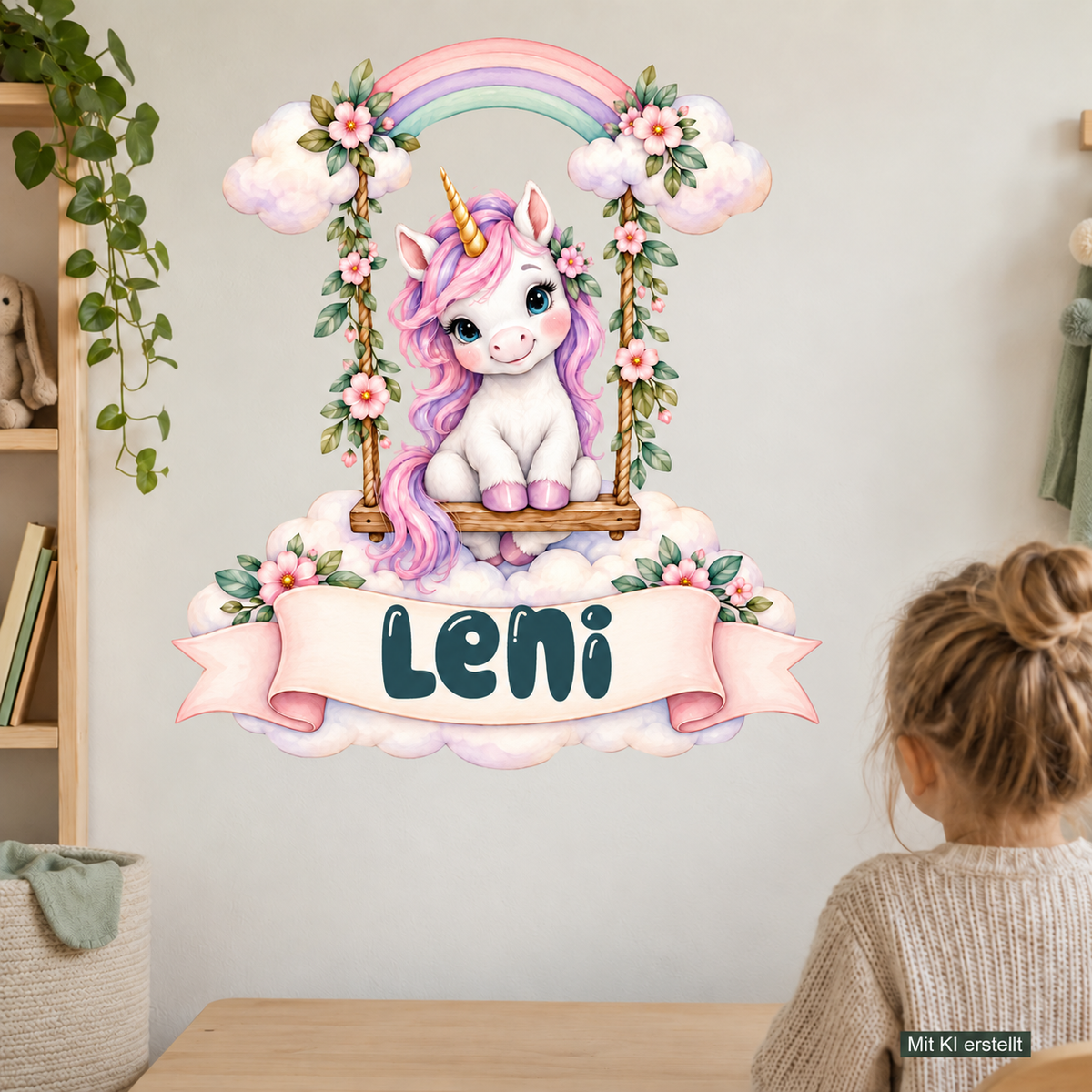 Personalisiertes Einhorn-Wandtattoo Wolkenschaukel mit Beispielname Leni: Wohnszene mit Person, mit KI erstellt.