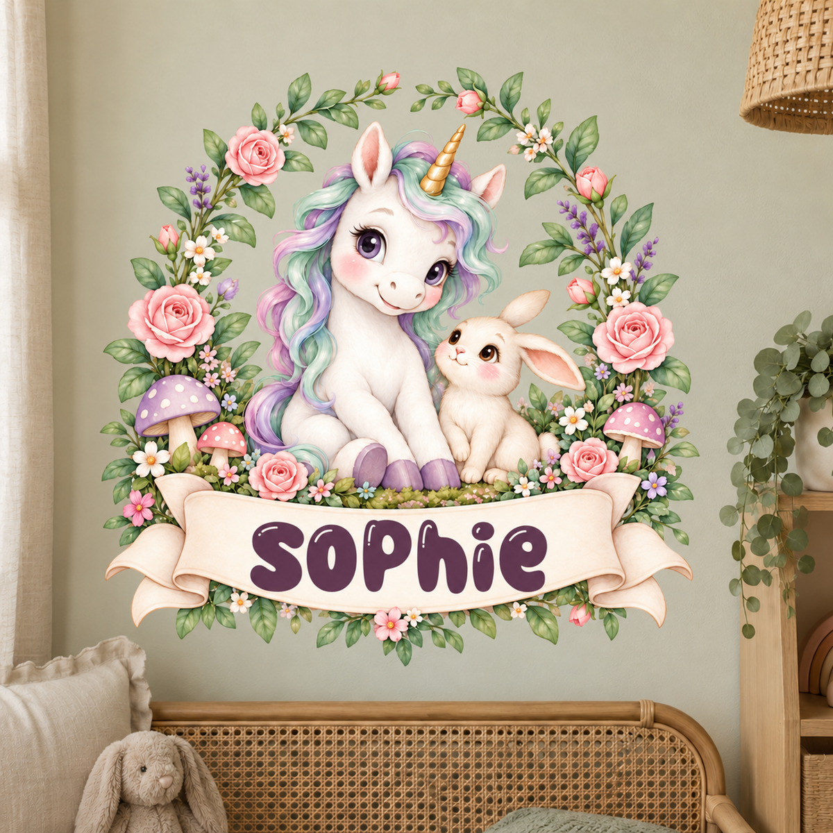 Personalisiertes Einhorn-Wandtattoo Zaubergarten mit Beispielname Sophie: Wandtattoo auf freier Wandfläche im Kinderzimmer.